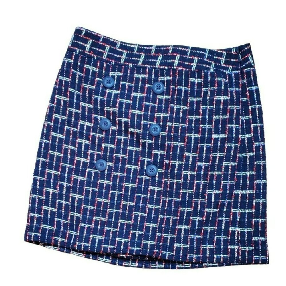 Loft Women's Navy Blue Tweed Button Front Preppy Red White Accented Mini Skirt
